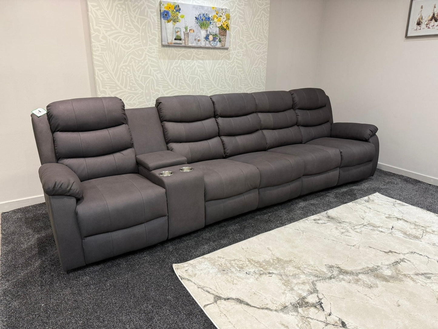 Willow Grey Easy Clean Fabric 5 Seater Sofa With Drinks Console | Fold Down Tray Table, High Headrest & Seating Position Couch