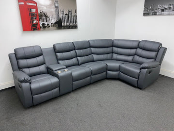 Landos Rhf Modular Recliner 5 Seat Grey Leather Corner Sofa With Drinks Console Sofas