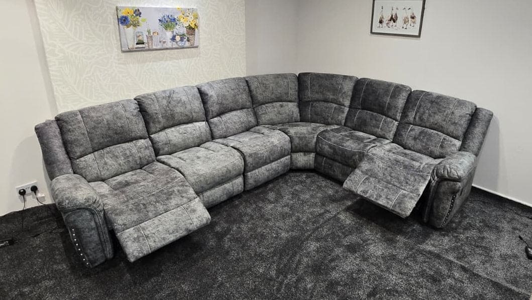 GALAXY Grey Plush Velvet Fabric Electric Reclining 3C2 Corner Sofa & USB Ports