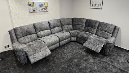 GALAXY Grey Plush Velvet Fabric Electric Reclining 3C2 Corner Sofa & USB Ports