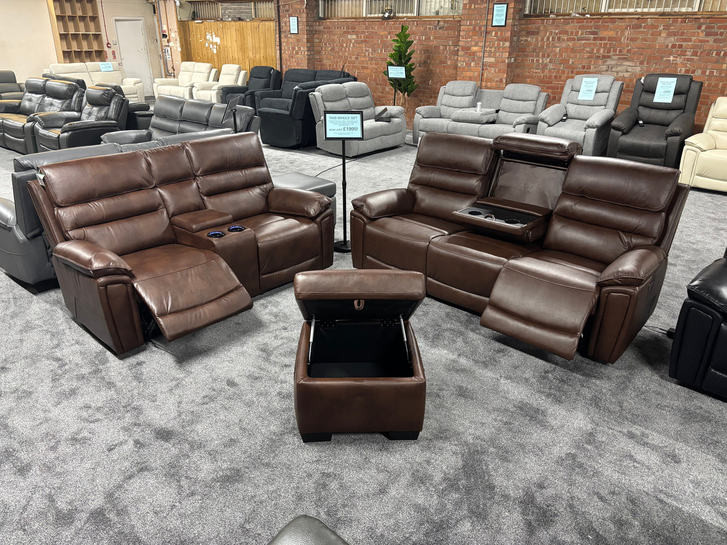 Donald Brown Leather Electric / Power Reclining 3 Seater + 2 Seater + Storage Footstool Sofa Set With USB Charging Ports & Drop Down Tray Table