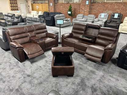 Donald Brown Leather Electric / Power Reclining 3 Seater + 2 Seater + Storage Footstool Sofa Set With USB Charging Ports & Drop Down Tray Table