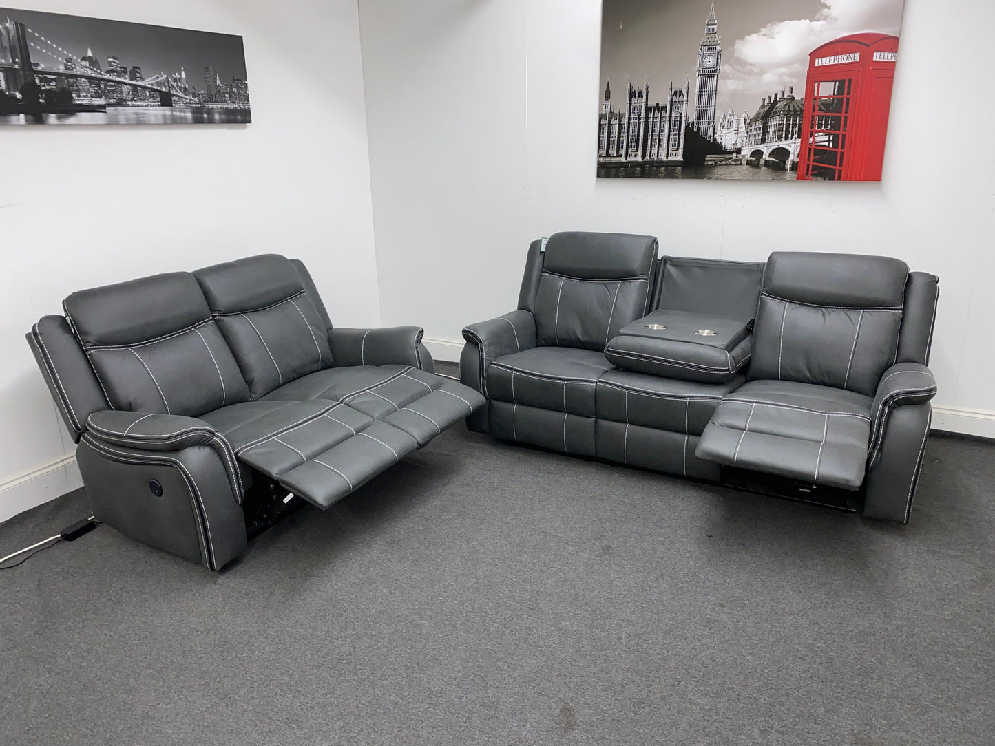 " Sloane Vision " Grey Water Resistant Microfibre Fabric 3 + 2 Seater Electric / Power Recliner Sofa Suite Set With USB Ports & Drop Down Tray Table | Couch |