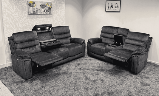 “Donald" Electric Reclining Charcoal Grey Fabric 3 Seater + 2 Seater Sofa Set - Drinks Coolers - USB Charging & Drinks Tray Table + High Seating & Backrest Position | Couch |