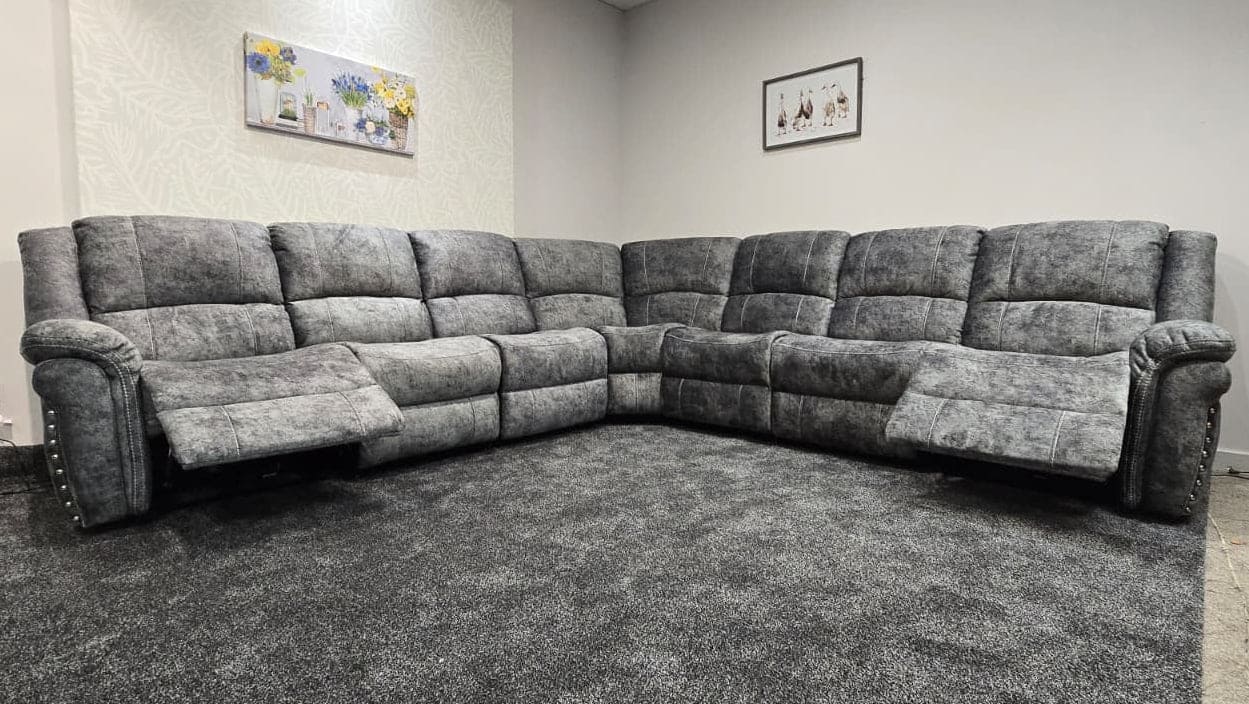 GALAXY Grey Plush Velvet Fabric Electric Reclining 3C3 Corner Sofa & USB Ports