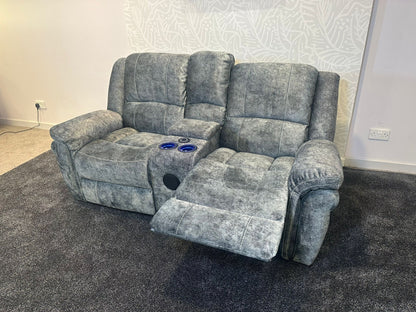 GALAXY Grey Plush Velvet ELECTRIC RECLINING 2 Seater Sofa With Drinks Cooling Cupholders Console. With USB Charging Ports & 2 Stage Reclining Feature