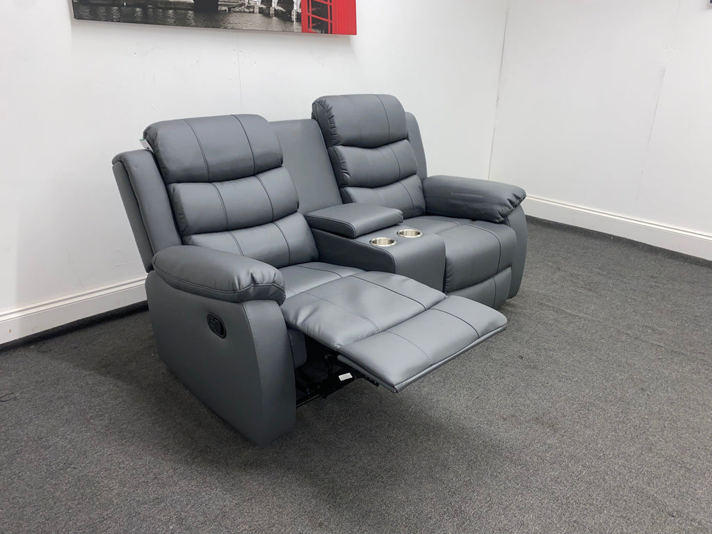 Landos Manual Recliner Grey Leather 2 Seater With Console Sofa Sofas