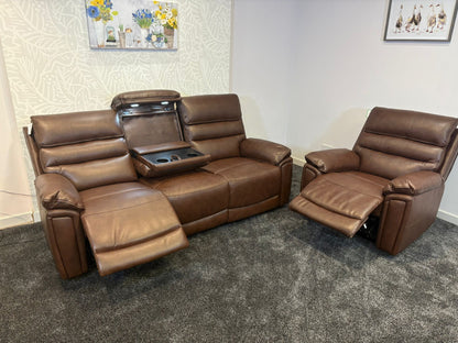 Donald Brown Leather Electric / Power Reclining Sofa Range Suite Set With USB Charging Ports & Drop Down Tray Table