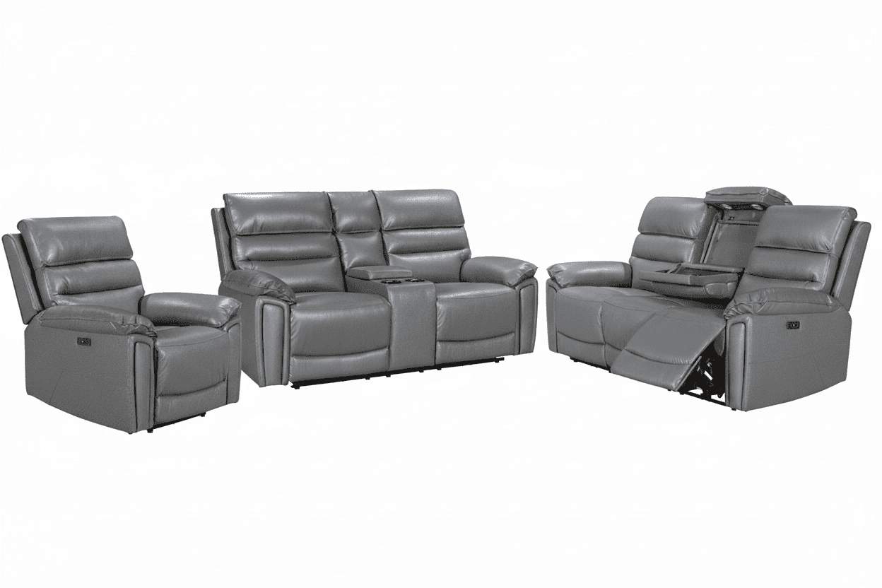 'SPECIAL OFFER' DFS Lawson Grey Leather Electric Reclining Sofa Range With Drinks Coolers USB Charging Ports & Drop Down Tray Table With Reading Lights