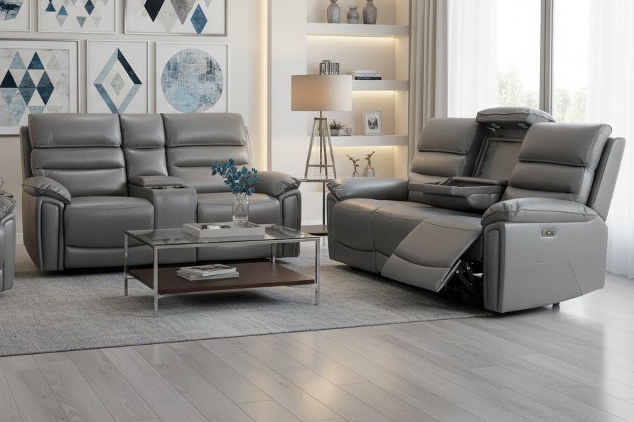 BUNDLE OFFER! DFS Lawson Grey Leather Electric Reclining 3 Seater + 2 Seater With Drinks Cooler Console + Armchair Sofa Set With USB Charging Ports & Drop Down Tray Table With Reading Lights