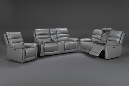 BUNDLE OFFER! DFS Lawson Grey Leather Electric Reclining 3 Seater + 2 Seater With Drinks Cooler Console + Armchair Sofa Set With USB Charging Ports & Drop Down Tray Table With Reading Lights