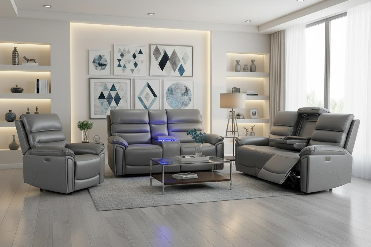 BUNDLE OFFER! DFS Lawson Grey Leather Electric Reclining 3 Seater + 2 Seater With Drinks Cooler Console + Armchair Sofa Set With USB Charging Ports & Drop Down Tray Table With Reading Lights