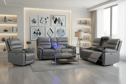 BUNDLE OFFER! DFS Lawson Grey Leather Electric Reclining 3 Seater + 2 Seater With Drinks Cooler Console + Armchair Sofa Set With USB Charging Ports & Drop Down Tray Table With Reading Lights