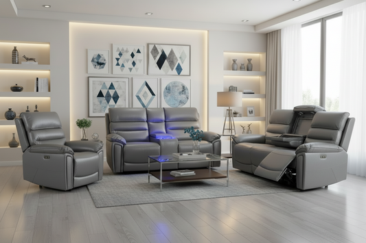 BUNDLE OFFER! DFS Lawson Grey Leather Electric Reclining 3 Seater + 2 Seater With Drinks Cooler Console + Armchair Sofa Set With USB Charging Ports & Drop Down Tray Table With Reading Lights