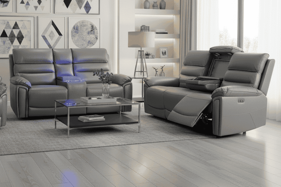 BUNDLE OFFER! DFS Lawson Grey Leather Electric Reclining 3 Seater + 2 Seater Sofa Set With Drinks Coolers, USB Charging Ports & Drop Down Tray Table With Reading Lights