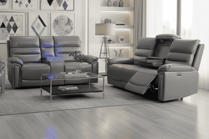BUNDLE OFFER! DFS Lawson Grey Leather Electric Reclining 3 Seater + 2 Seater Sofa Set With Drinks Coolers, USB Charging Ports & Drop Down Tray Table With Reading Lights