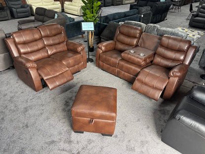 Lando Brown Leather 3 Seater + 2 Seater + Storage Footstool Reclining Sofa Set | Drinks Tray Table | High Backrests | 2 Stage Reclining | Couch |