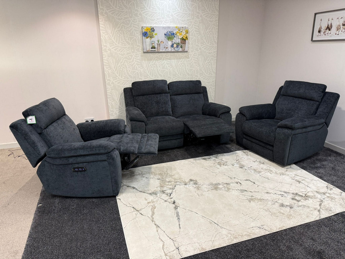 "Barre" Electric / Power Reclining Grey Fabric 2 Seater Sofa + 2 Armchairs Sofa Set - USB Charging Ports