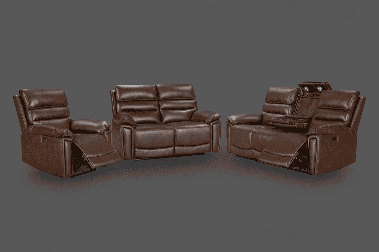 DFS Lawson Brown Leather Electric Reclining Sofa 3 Seater + 2 Seater + Armchair Set Suite With USB Charging Ports & Drop Down Tray Table