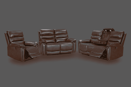 DFS Lawson Brown Leather Electric Reclining Sofa 3 Seater + 2 Seater + Armchair Set Suite With USB Charging Ports & Drop Down Tray Table