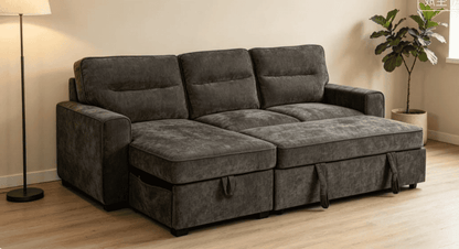(Back in stock 15th August) 'Lionel' Charcoal Grey Fabric Left Hand Facing Corner Sofa Bed With Storage