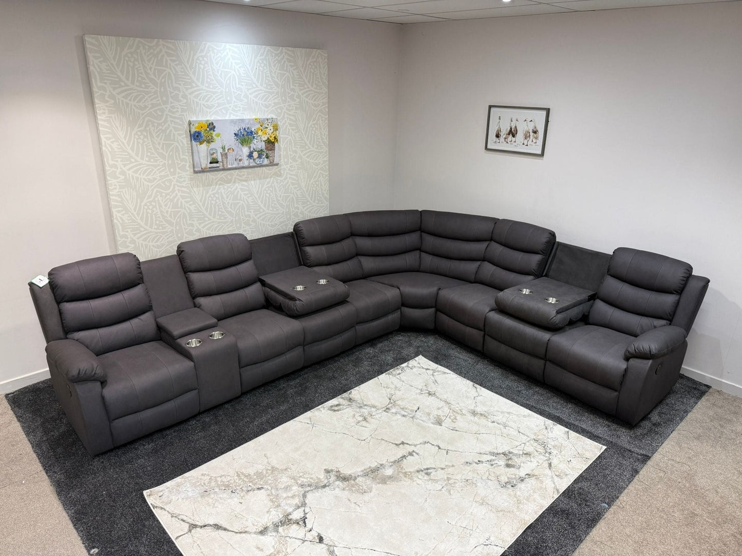 "Willow" Dark Grey Fabric 4C3C Recliner Corner Sofa | Drinks Tray Table | Easy Clean Fabric | Modular