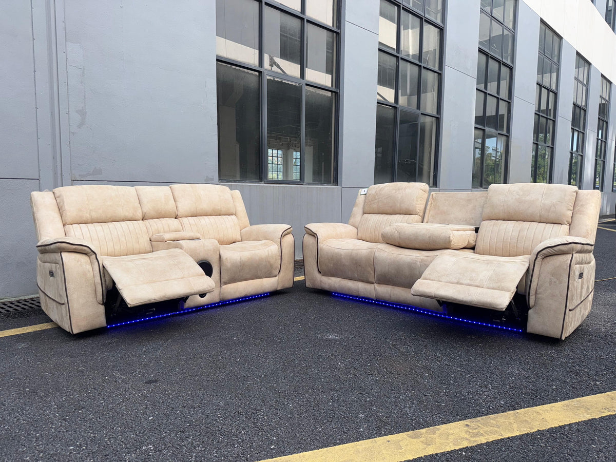 (Pre Order Promo Deal!) Geneva Beige Easy Clean Suede Fabric 3 Seater + 2 Seater With Tech Console + Armchair Set | Online Only