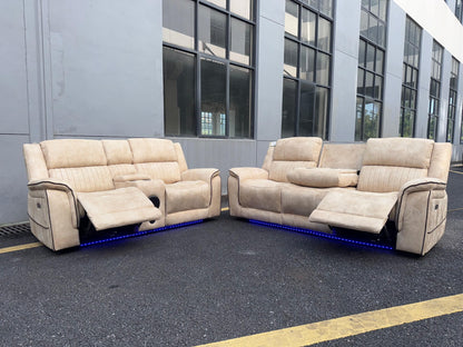 (Pre Order Promo Deal!) Geneva Beige Easy Clean Suede Fabric 3 Seater + 2 Seater With Tech Console + Armchair Set | Online Only