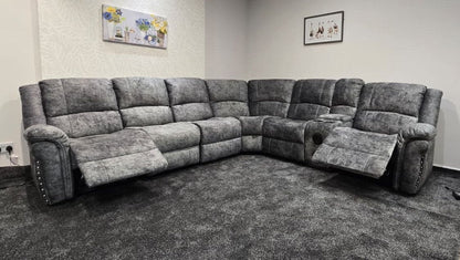 GALAXY Grey Plush Velvet Fabric Electric Reclining 3C2C Corner Sofa, Drinks Coolers & USB Ports