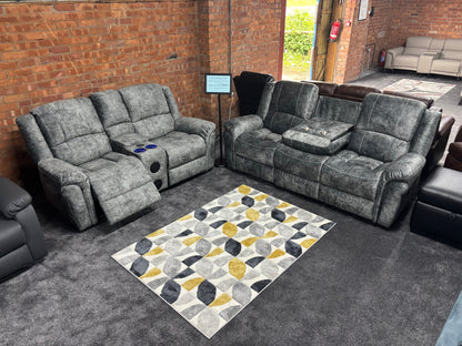 "GALAXY" Tech Grey ELECTRIC Plush Velour Velvet 3 + 2 Seater With Drinks Console Reclining Sofa Set Plus USB Charging Ports and drinks coolers cup holders