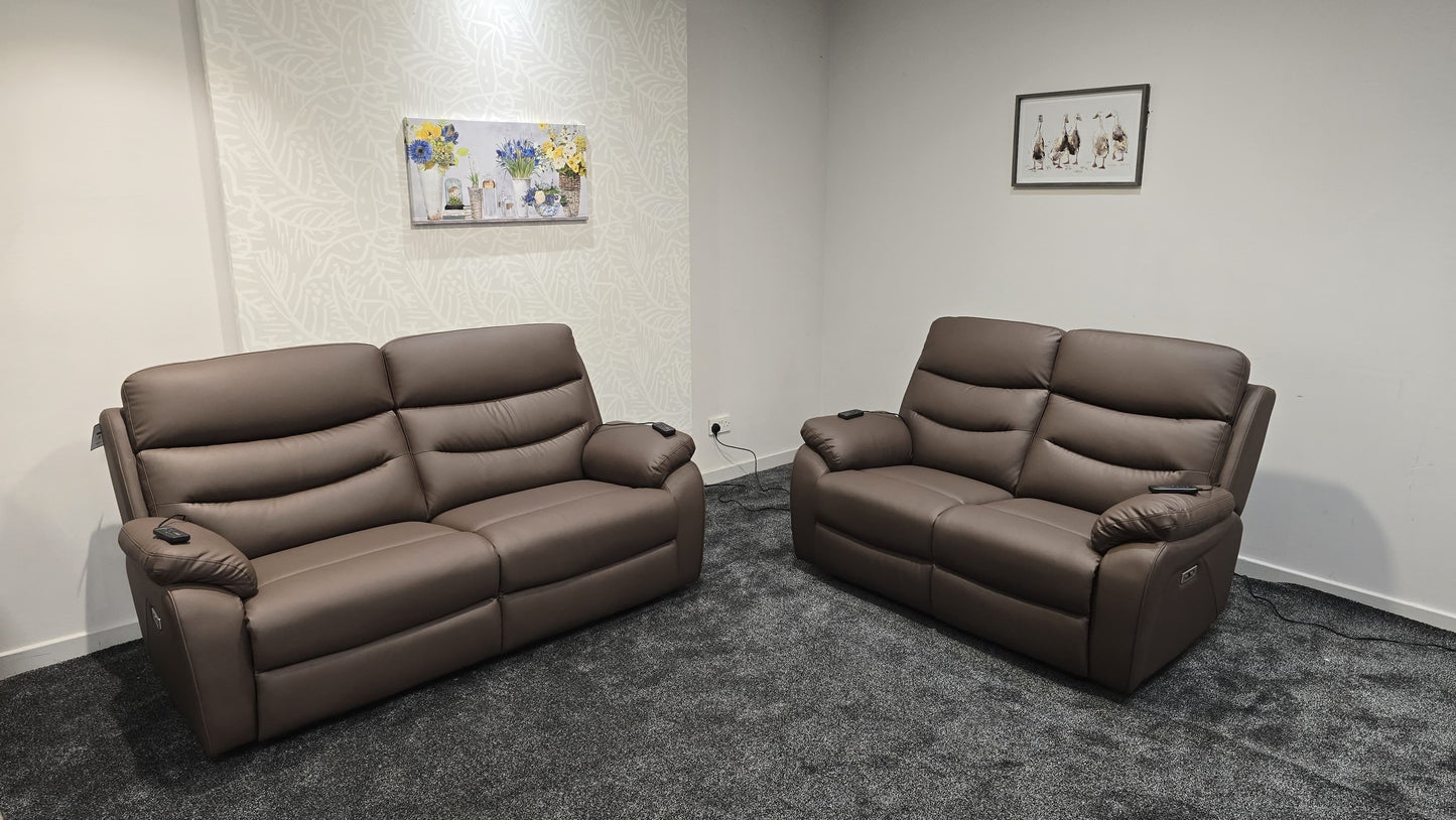 "Bertie" Brown Leather Electric Reclining Massage 3 Seater + 2 Seater Sofa Set With Power Headrests & USB Charging Ports For Ultimate Comfort