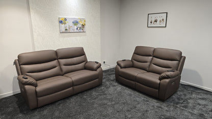 "Bertie" Brown Leather Electric Reclining Massage 3 Seater + 2 Seater Sofa Set With Power Headrests & USB Charging Ports For Ultimate Comfort