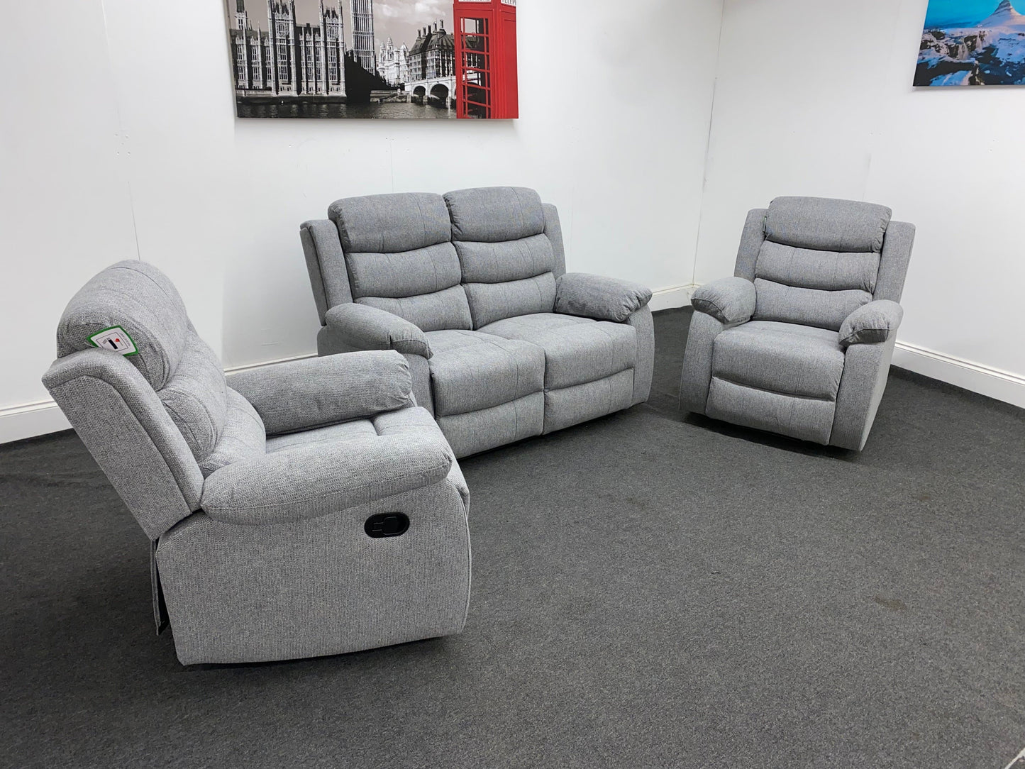 ‘Lewson’ Grey Fleck Fabric Recliner 2 + 1 + 1 Seater Sofa & Armchair Suite Set | Couch |
