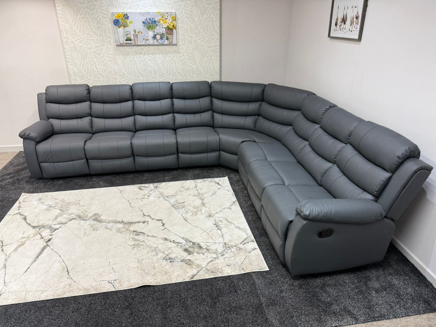 "Lando" Grey Leather 4C3 Recliner Corner Sofa Reversible | 2 x Drinks Tray Tables | Modular