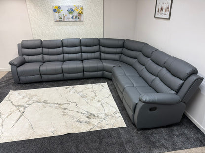 "Lando" Grey Leather 4C3 Recliner Corner Sofa Reversible | 2 x Drinks Tray Tables | Modular