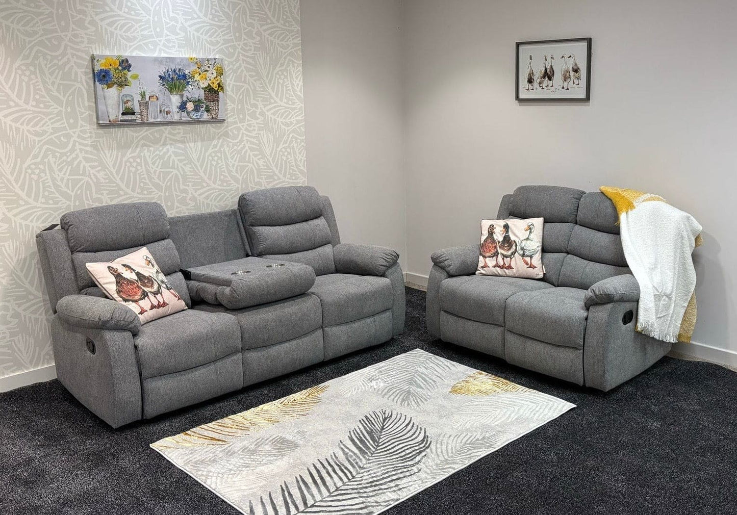 "Lewson" Electric / Power Reclining Grey Fleck Fabric Sofa Set - USB Charging & Drinks Tray Table | Couch |