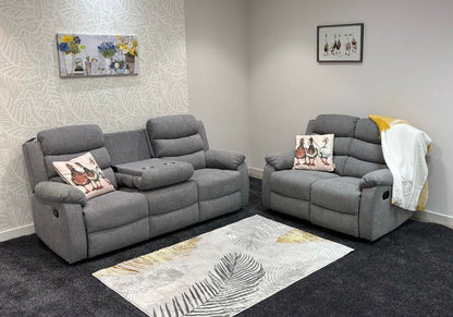 "Lewson" Electric / Power Reclining Grey Fleck Fabric Sofa Set - USB Charging & Drinks Tray Table | Couch |