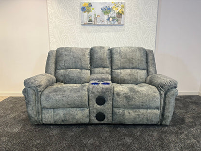 GALAXY Grey Plush Velvet ELECTRIC RECLINING 2 Seater Sofa With Drinks Cooling Cupholders Console. With USB Charging Ports & 2 Stage Reclining Feature