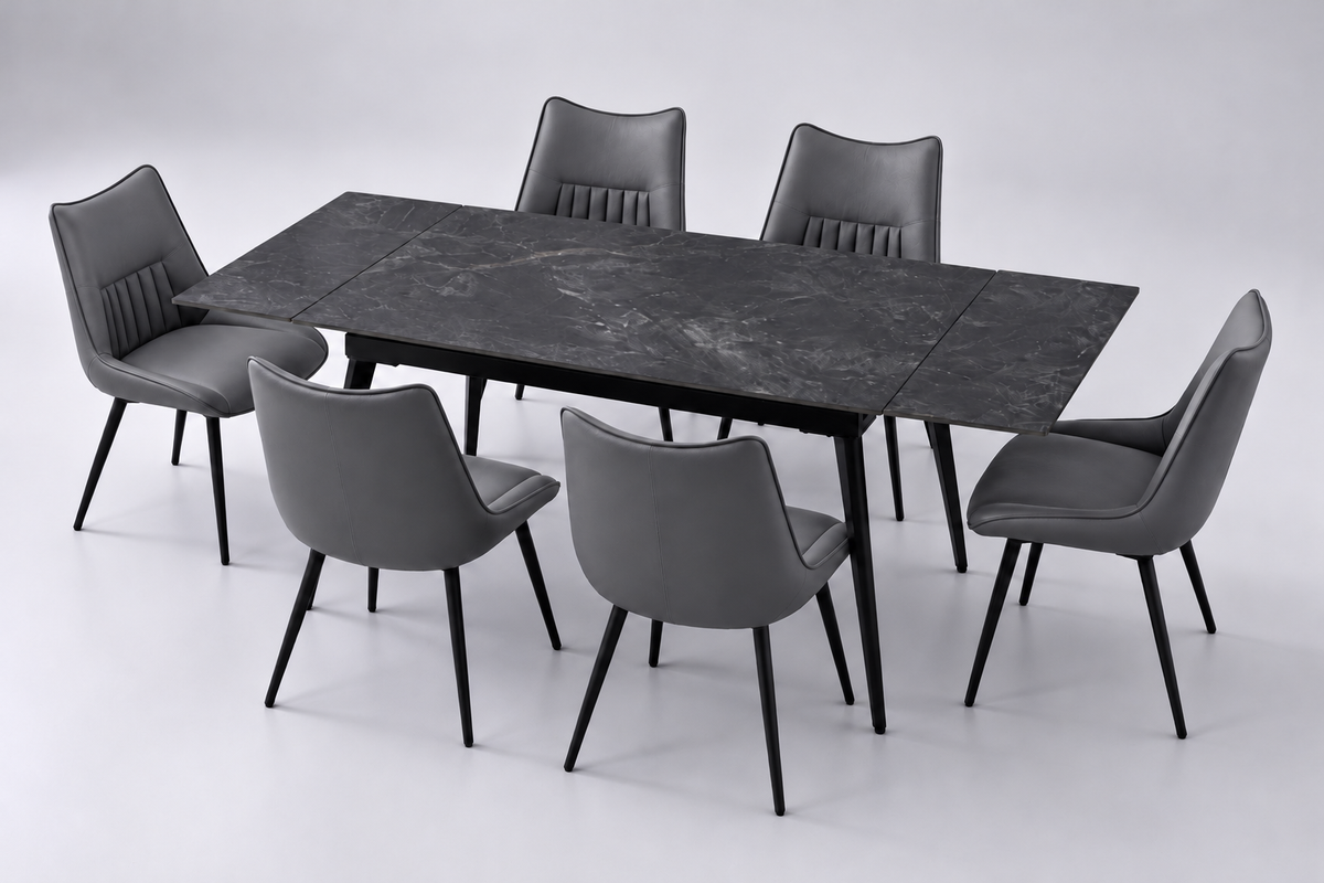 (Pre Order Deal, Arriving December 15th) "Regis" 120cm-180cm Ceramic Extending Dining Table & Grey Leather Celia Dining Chairs Set