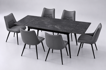 (Pre Order Deal, Arriving December 15th) "Regis" 120cm-180cm Ceramic Extending Dining Table & Grey Leather Celia Dining Chairs Set