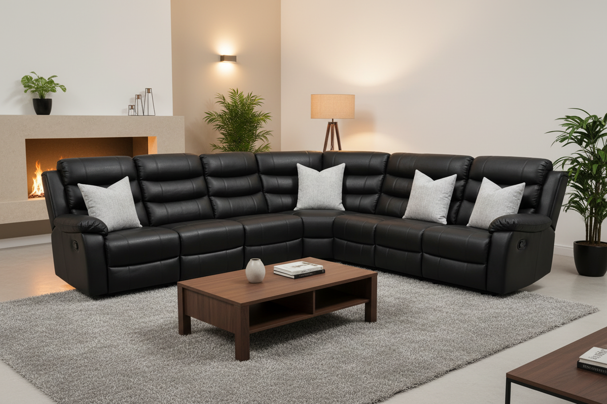Black Leather 'Lando' 3c3 SPECIAL OFFER! Lando Black Leather Reclining Corner Sofa |  Reversible & Modular | High Backrest | Built To Fit Any Home | Couch (Copy)