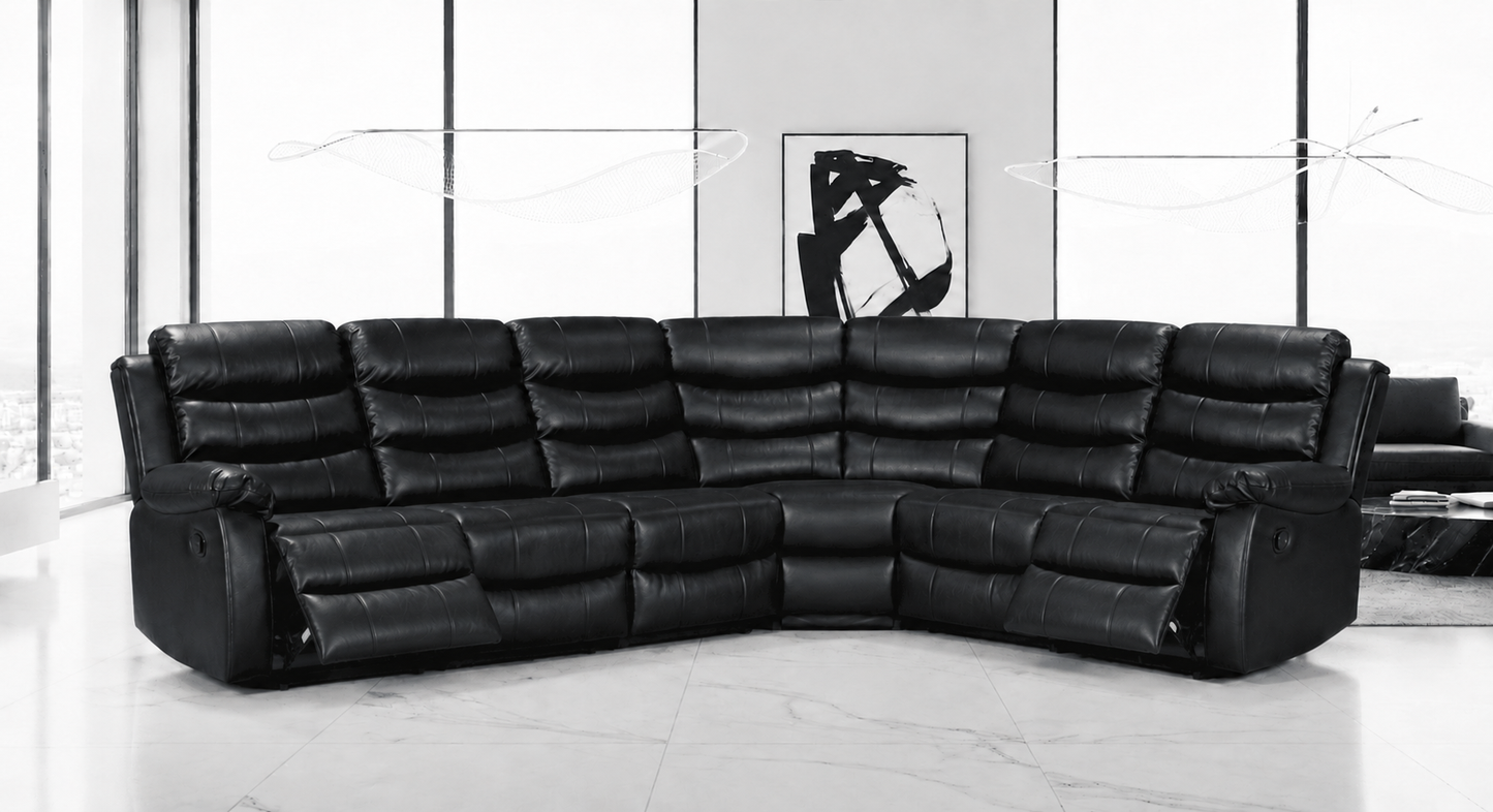 Black Leather 'Lando' 3c2 Reclining Corner Sofa |  Reversible & Modular | Drinks Console | High Backrest | Built To Fit Any Home | Couch