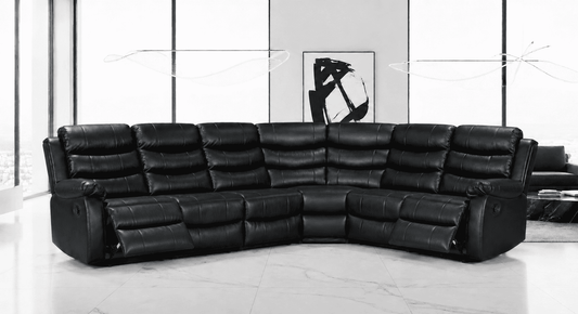 Black Leather 'Lando' 3c2 Reclining Corner Sofa |  Reversible & Modular | Drinks Console | High Backrest | Built To Fit Any Home | Couch