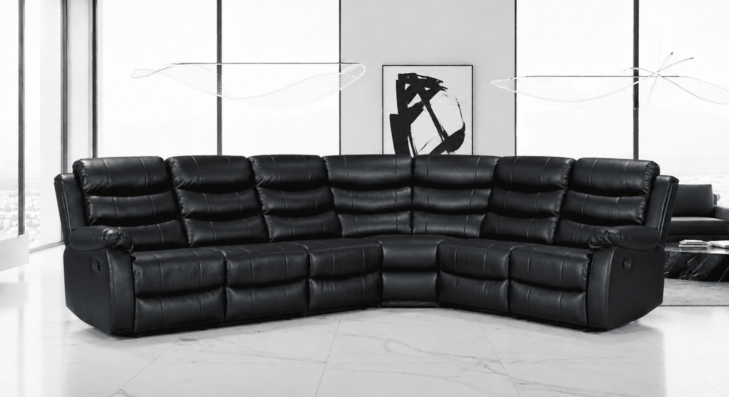 Black Leather 'Lando' 3c2 Reclining Corner Sofa |  Reversible & Modular | Drinks Console | High Backrest | Built To Fit Any Home | Couch