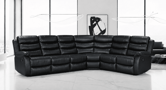 Black Leather 'Lando' 3c2 Reclining Corner Sofa |  Reversible & Modular | Drinks Console | High Backrest | Built To Fit Any Home | Couch