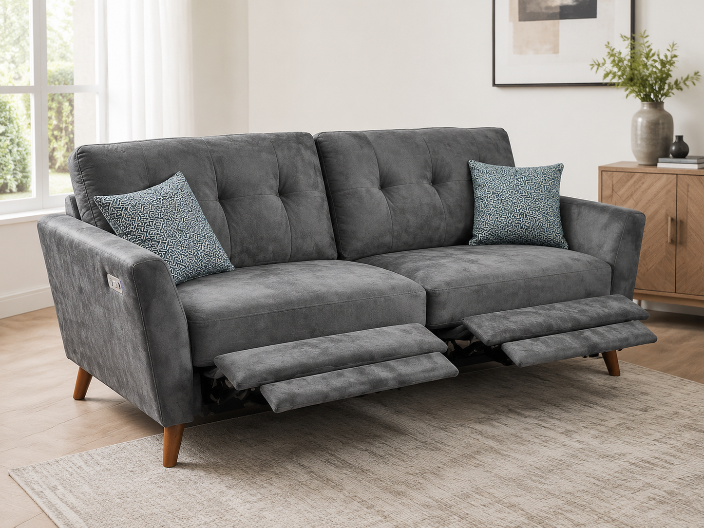 'Angleo' Electric Recliner Grey Plush Velvet Fabric 3 Seater, 2 Seater & Armchair Sofa Set Range | Couch |