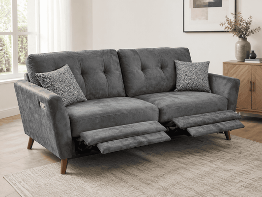 Bundle Deal! 'Angleo' Electric Recliner Grey Plush Velvet Fabric 3 Seater + 2 Seater Sofa Set Range | Couch