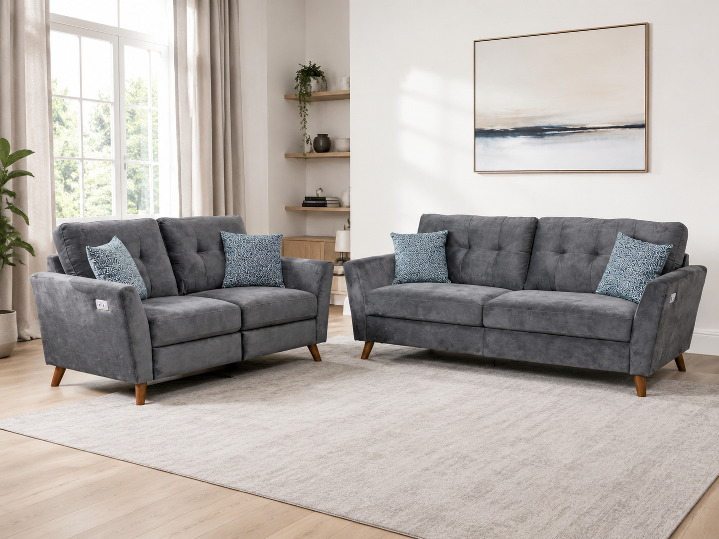 'Angleo' Electric Recliner Grey Plush Velvet Fabric 3 Seater, 2 Seater & Armchair Sofa Set Range | Couch |