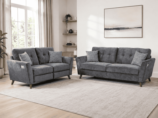 'Angleo' Electric Recliner Grey Plush Velvet Fabric 3 Seater, 2 Seater & Armchair Sofa Set Range | Couch |