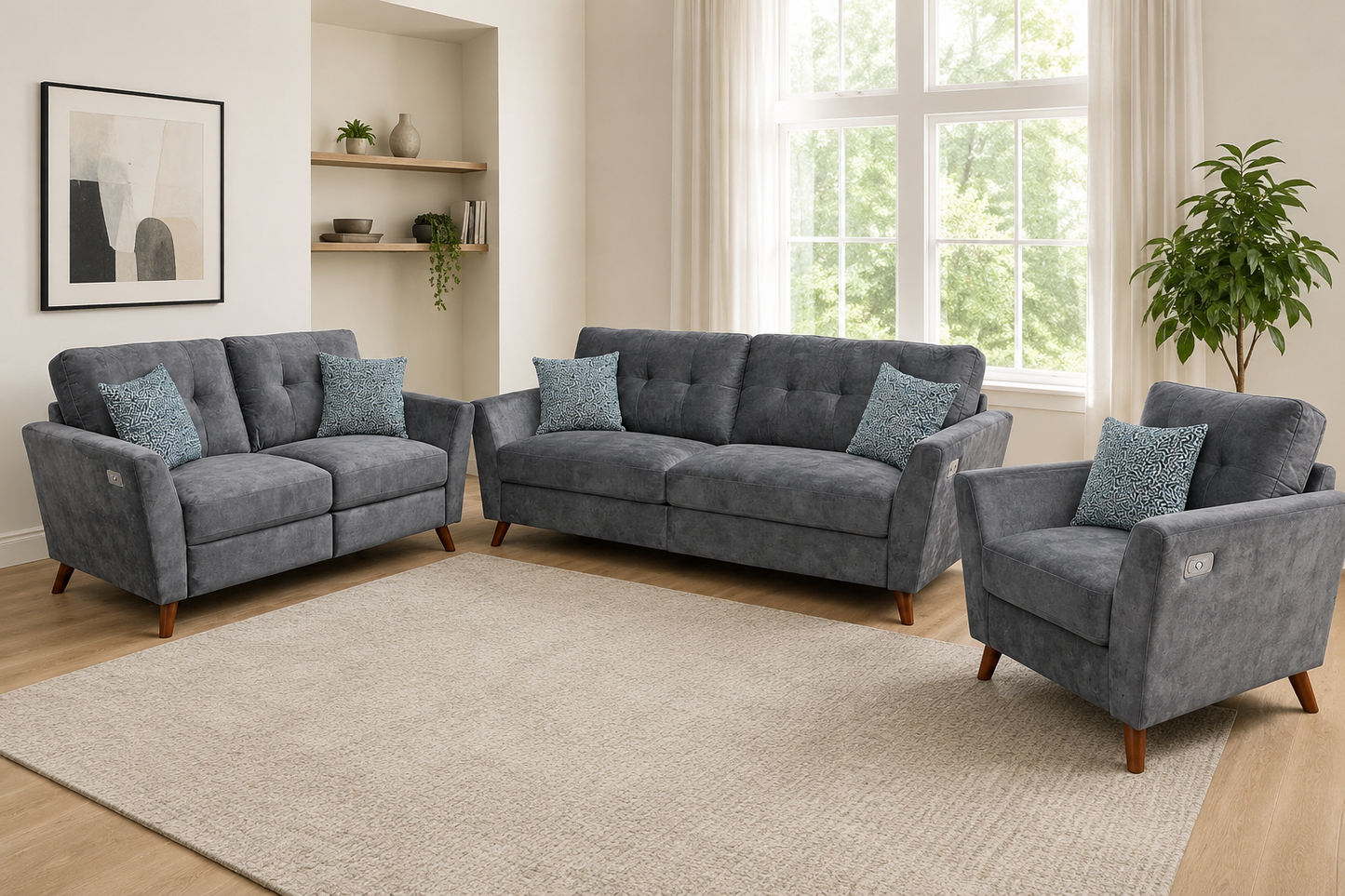 'Angleo' Electric Recliner Grey Plush Velvet Fabric 3 Seater, 2 Seater & Armchair Sofa Set Range | Couch |